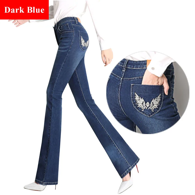 Весенние расклешенные джинсы с высокой талией, вышивкой и карманами, растягивающиеся обтягивающие брюки размера плюс, 4XL, 3XL, женские узкие джинсы с широкими штанинами - Цвет: Dark Blue