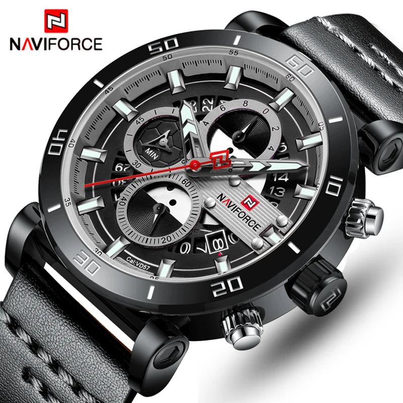 NAVIFORCE хронограф мужские часы 3Bar водостойкие аналоговые кожаные спортивные