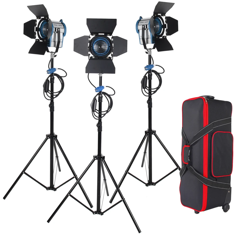 

3 X 650W Studio Fresnel Tungsten Spotlight with dimmer control Spot light & Video Lighting Kit with Carry Case for Fotografia