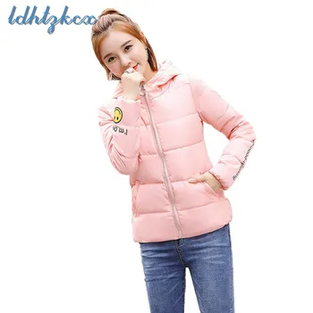 

LDHTZKCX Cartoon Letter Large Size Long-sleeved Sustans Parkas Female 2018 New Slim Zipper Short Thick Warmth Cotton Coats LD474