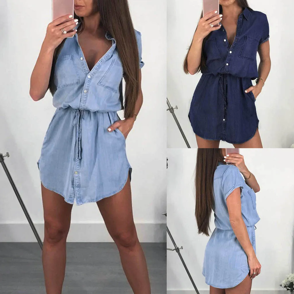

Women's Casual Solid Color Waist Bandage Short Sleeve Cover Up Beach WomanSwimsuit Cover Up Plus Size V Collar Denim Dress #C