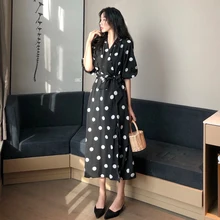 Vintage Black Polka Dot Dress Women Korean Style Casual V Neck Half Sleeve Summer Dress 2019 Chic Lace-up Women's Dress Elegant Vintage Black Polka Dot Dress Women Korean Style Casual V Neck Half Sleeve Summer Dress 2019 Chic Lace-up Women's Dress Elegant