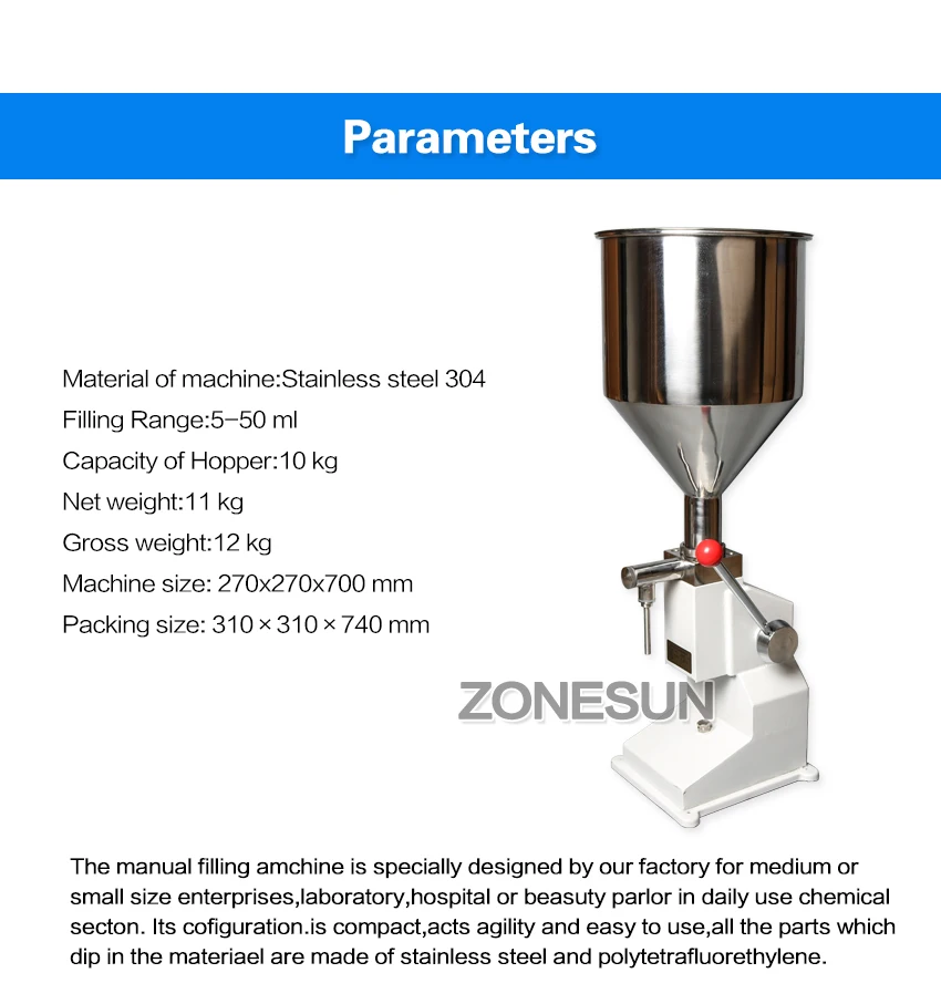 ZONESUN ручная машина для наполнения пасты, машина для наполнения жидкостью, машина для наполнения крема, машина для наполнения соуса, варенья, полировки 0-50 мл