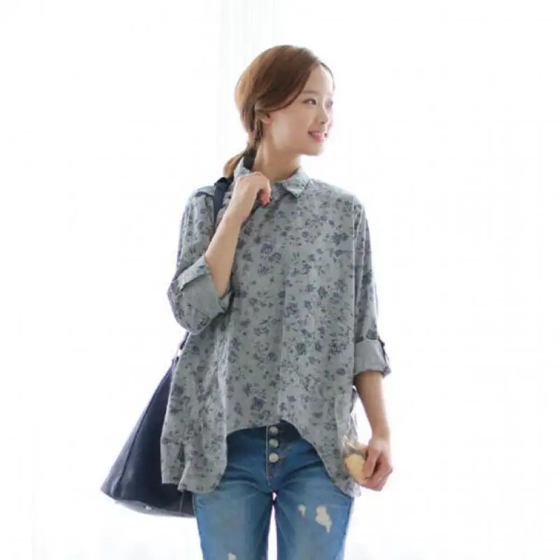 

2018 Summer Turn-down Collar Irregular Print Shirt Long Sleeve Blouse Personalized Style Buttons Blusas Plus Size Vintage Tops