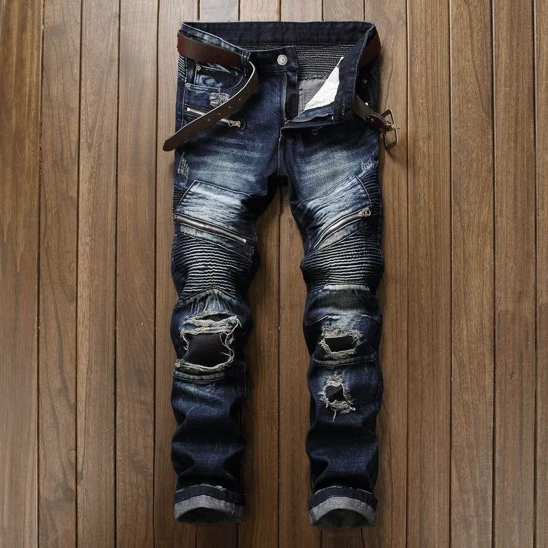 Mcikkny Fashion Men's Biker Jeans Pants Washed Slim Fit Denim Pants Multi-pockets Motorcycle Denim Trousers For Men   