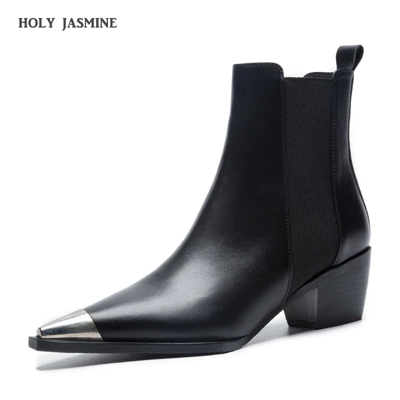 Najtaniej 2019 wiosna jesień klasyczny Design czarny biały skórzany szpiczasty nosek kwadratowy obcas chelsea boots Comfort Block heel obuwie damskie