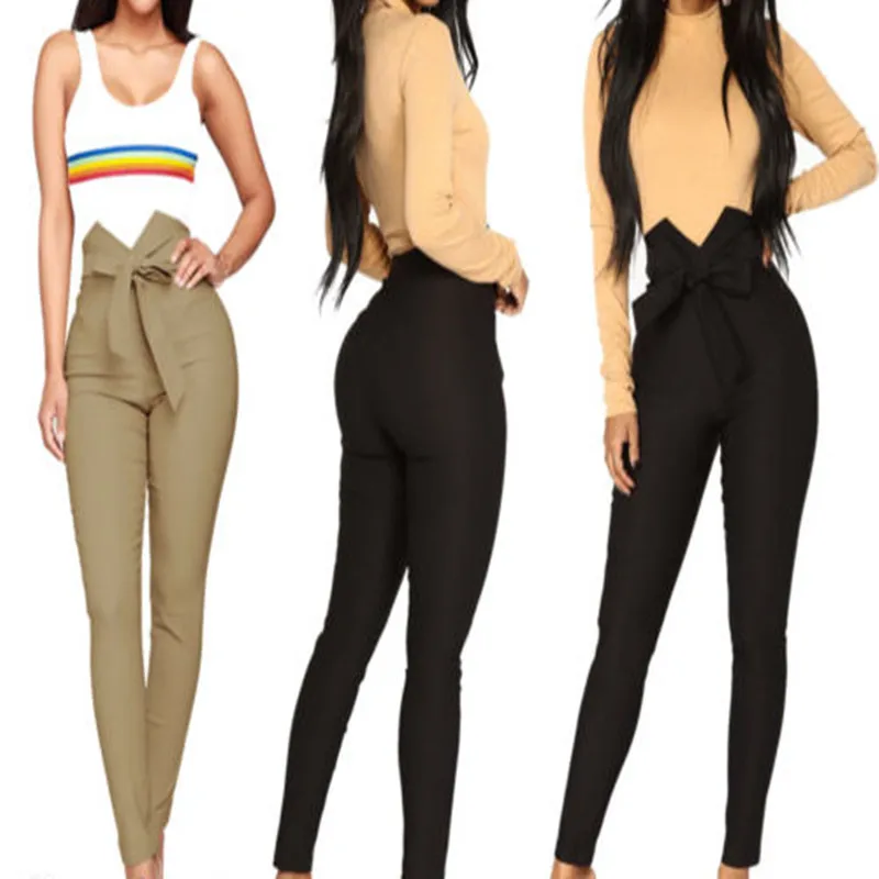 

New Fashion Womens Elegant Lady Black High Waist Plus Size Female Bow Waist Stretch Pencil Pants Females Casual Slim Trousers