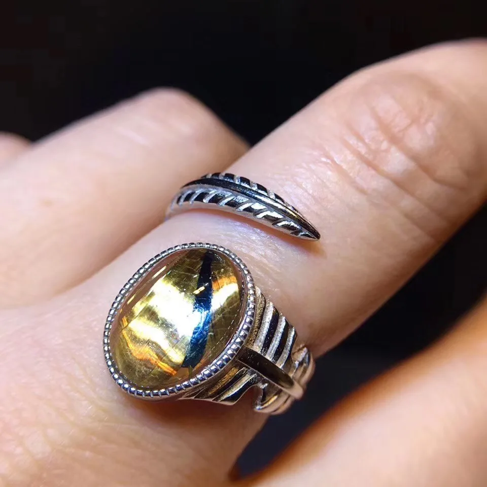

11.9x8.1mm Natural Gold Rutilated Quartz Ring For Woman Man 925 Silver Sterling Metal Crystal Adjustable Size Rings AAAAA