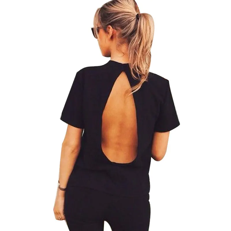 2017 Summer Women T Shirt Black T shirt Fashion Hollow Out Backless Casual Sexy Tee Shirt Femme 