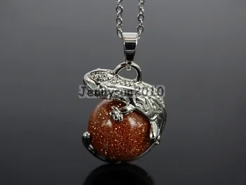 

Natural Gold Sand Gems Stone Round Ball Chakra Healing Lizard Pendant Necklace Beads Healing Jewelry Design 10Pcs/Pack