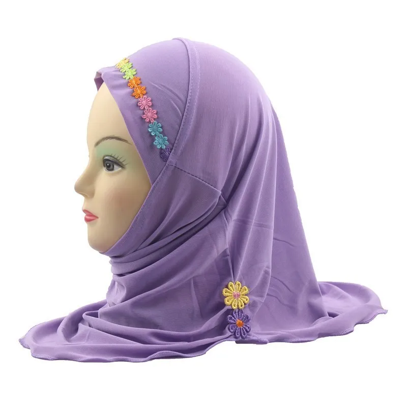 Мусульманский хиджаб для девочек, исламский шарф в арабском стиле, шали с красивыми цветами, около 45 см, для девочек от 2 до 7 лет - Цвет: Levender