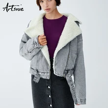 Artsnie/осень, джинсовые куртки с искусственным мехом, женские зимние куртки с отложным воротником и поясом, повседневные теплые плотные пальто для девочек, Chaqueta
