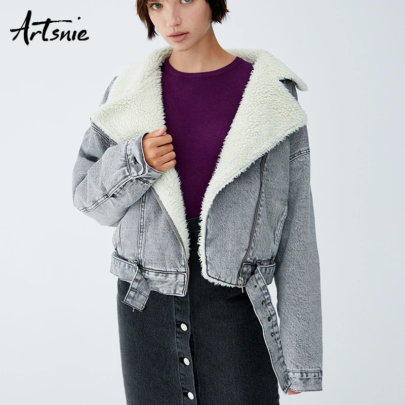 Meilleur Artsnie automne 2018 fausse fourrure doublé Denim vestes femmes hiver tourner vers le bas col ceintures décontracté chaud épais filles manteaux Chaqueta