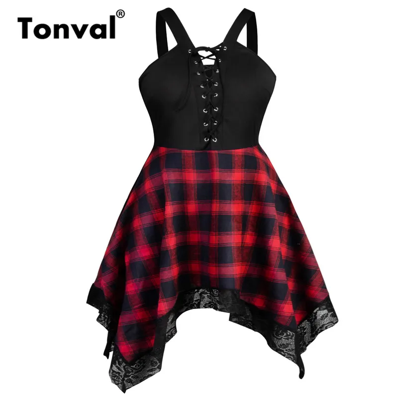

Tonval Red Plaid Lace Trim Asymmetrical Hem Lace-Up Gothic Dress Women Spaghetti Strap Party Fit and Flare Plus Size Dresses
