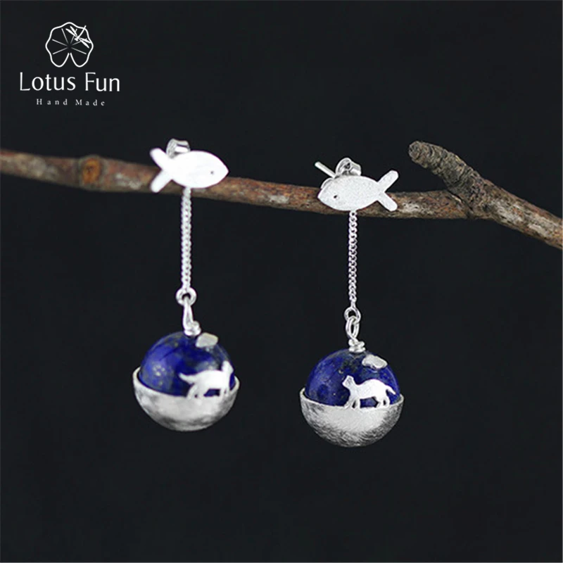 

Lotus Fun Real 925 Sterling Silver Natural Lapis Creative Handmade Fine Jewelry Cat's Dream Dangle Earrings for Women Brincos