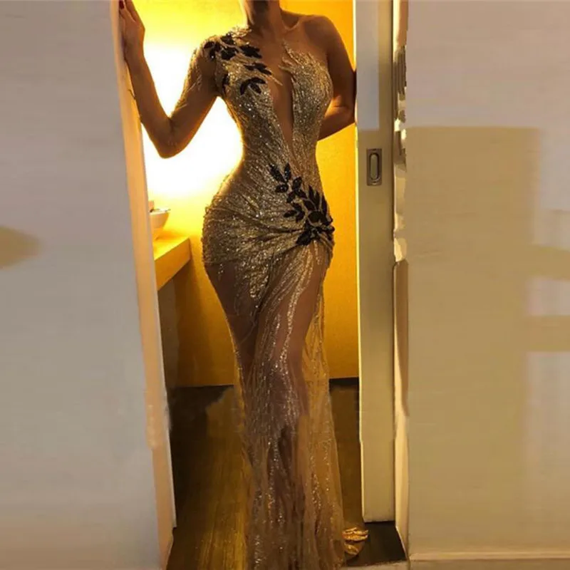 

Shiny Gold Evening Party Dresses One Shoulder Appliques Sequins Mermaid Prom Gowns Sexy Open Back Long robe de soiree longue