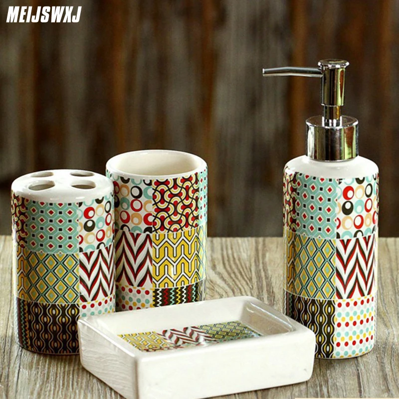 

Meijswxj 4Pcs/Set Bathroom Kit Imitation Stone Pattern Household Bath Set Simple Ceramic Bathroom Bathing Tool Accessories