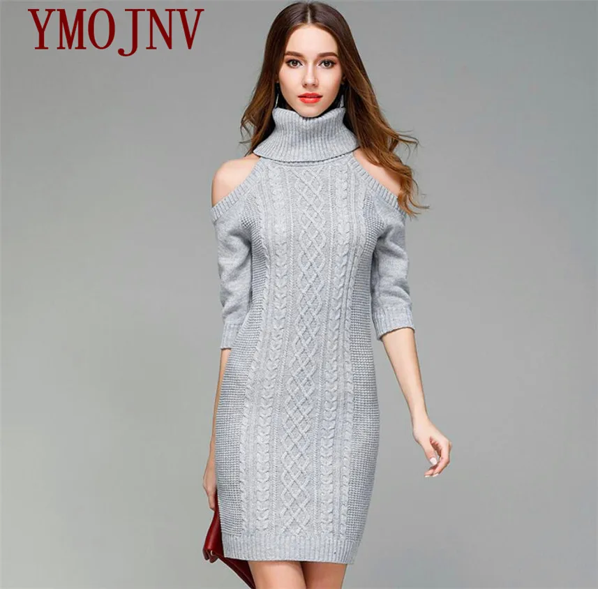 

YMOJNV 2017 Fashion Autumn Winter Sweaters Dress Turtleneck Strapless Medium Sleeve Knitted Sexy Dresses Pullovers Pencil Dress