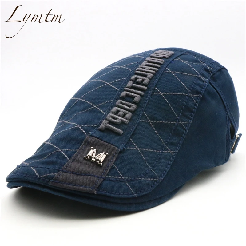 

2019 Classic Navy Blue Cotton Men Beret England Retro Embroidery Grid Flat Visor Cap Adjustable Male Boina Bone Gift For Dad