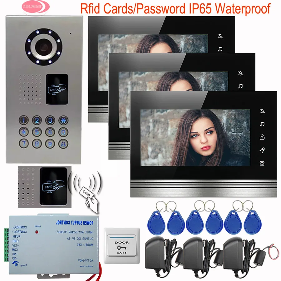 

Video Door Phone 3 Monitors Home Phone Touch Key Video Intercom System Inductive Card 7'' Monitor Outdoor Unit IP65 Waterproof