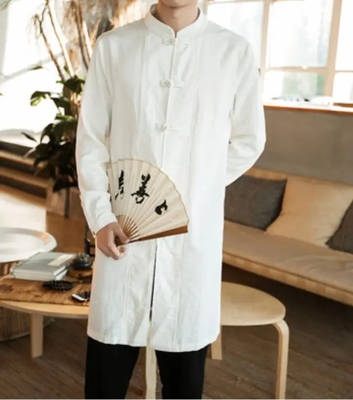 5XL одежда в китайском стиле белая Hanfu мужская длинная одежда монаха Шаолинь Ropa Tradicional Китай кимоно воротник стойка китайское платье льняное - Цвет: white