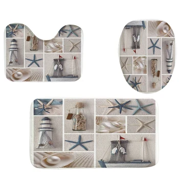 

4Pcs Home Bathroom Decor Set Starfish And Fishing Nets Pattern Toilet Seat Cover Bath Mat Set+ Waterproof Shower Curtain