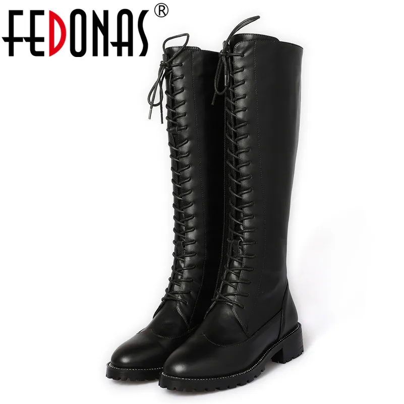 

FEDONAS Quality High Heels Genuine Leather Party Shoes Woman Autumn Winter Knee High Boots Cross-tied Motorcycle Boots Long Shoe