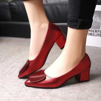 

New office lady pumps med heel career pointed toe slip on fashion women shoes red black square heel OL high quality cheap shoes