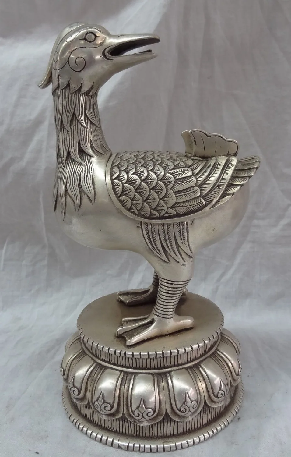 

10" Chinese Silver Collect Wealth Duck Statue China Bronze Box Incense Burner
