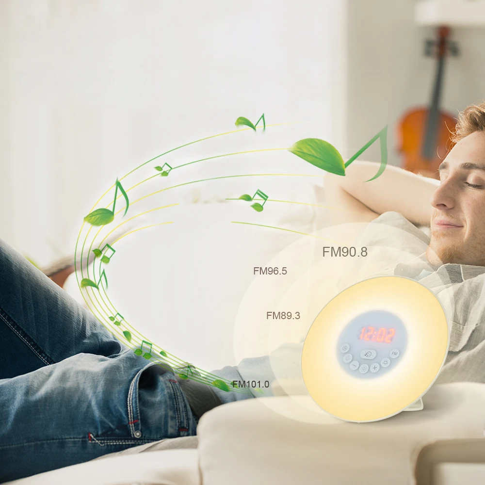 

7 Colors Light Sounds Function Touch Control Wake Up Light Alarm Clock Sunrise/Sunset Simulation Digital Clock with FM Radio
