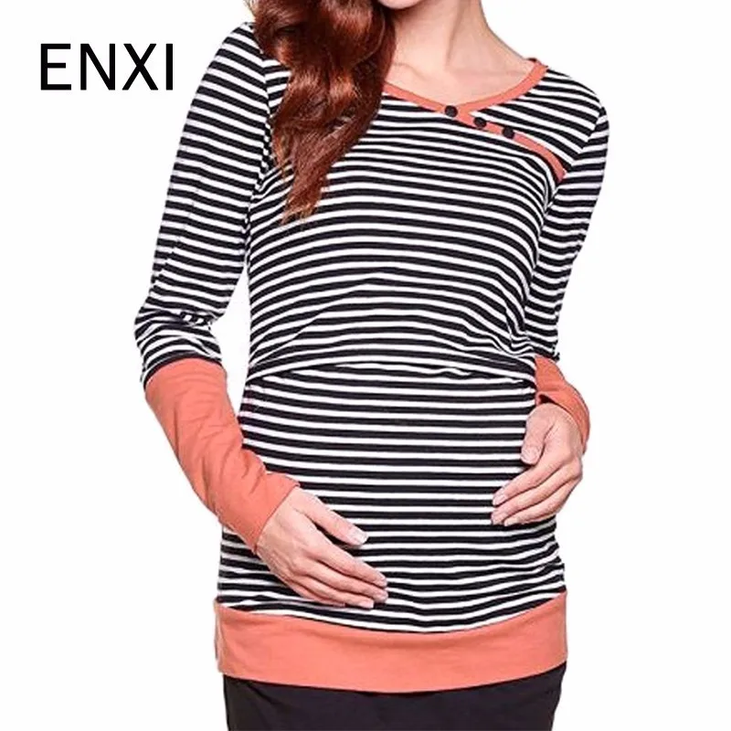 

ENXI Maternity Nursing Tops Fashion Striped Long Sleeve Pregnancy Clothes Breast Feeding Tops T-shirt For Pregnant Women