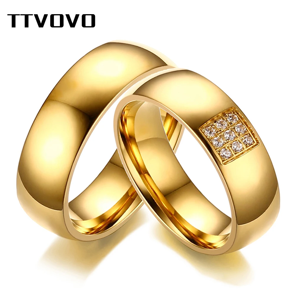 TTVOVO обручальное кольцо с кубическим цирконием CZ каменные кольца для мужчин и женщин из нержавеющей стали золотого цвета обещание на помолвку Браслеты Ювелирный ПОДАРОК