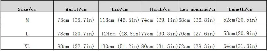 Men's shorts size chart