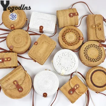 

Hot Handmade Round Shoulder Bag Bali Circle Straw Women Bags Summer Hand-Woven Rattan Handbags Girls Messenger Bags INS Popular
