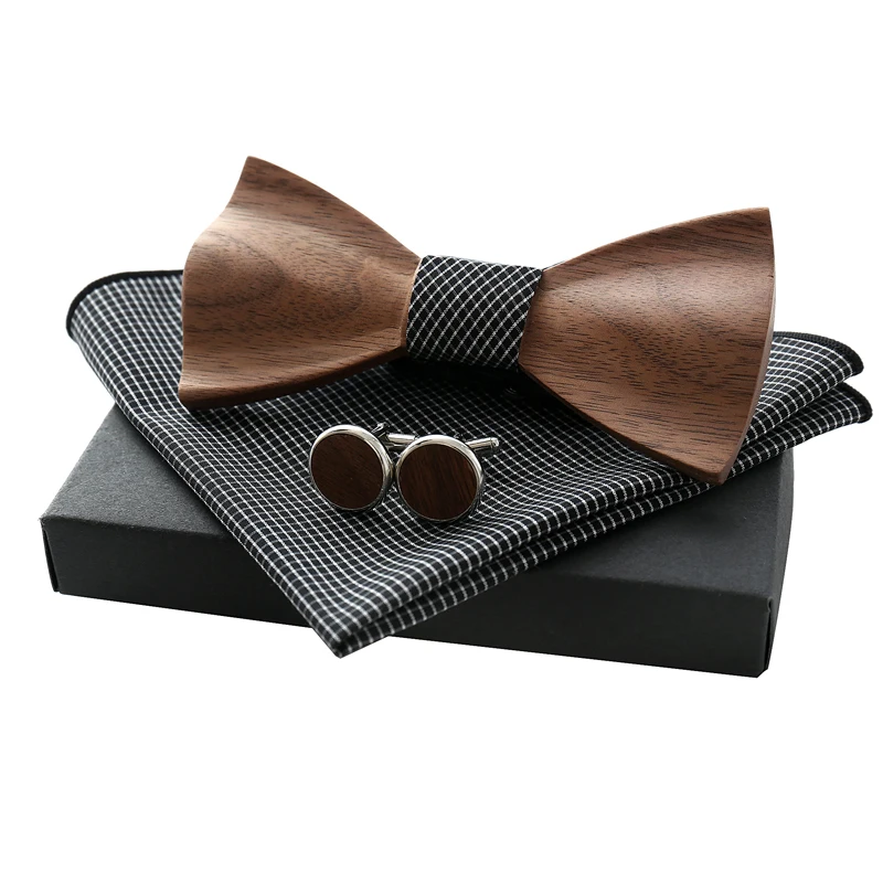 Unisex High-end Natural Wood Raised Bow Tie For Wedding Logo Customized Wooden Ties Set 6 Color Free Handkerchief Z304SQ