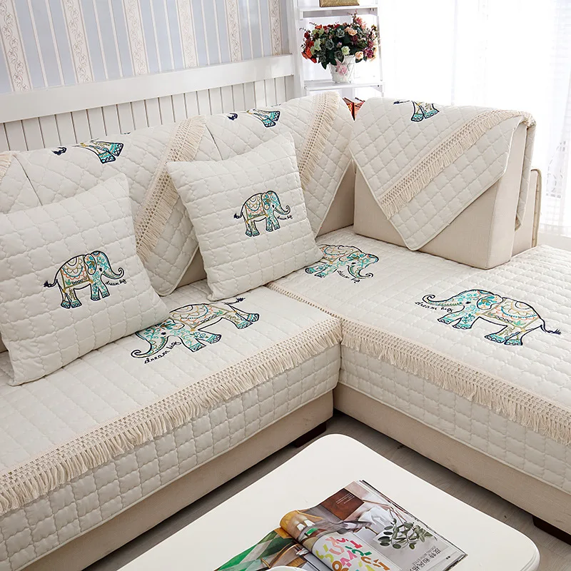 Beige Butterfly Embroidered Sofa Cover Towel Decorative Sofa Cover