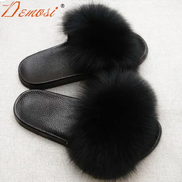 2018 fur slippers fashion girls flip flop women spring summer fox