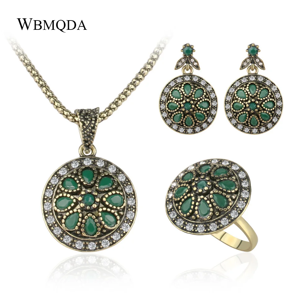 

3 Pcs/lot Vintage Turkish Jewelry Sets Ethnic Gold Crystal Flower Necklace Ring Earrings For Women Bohemian Accessories