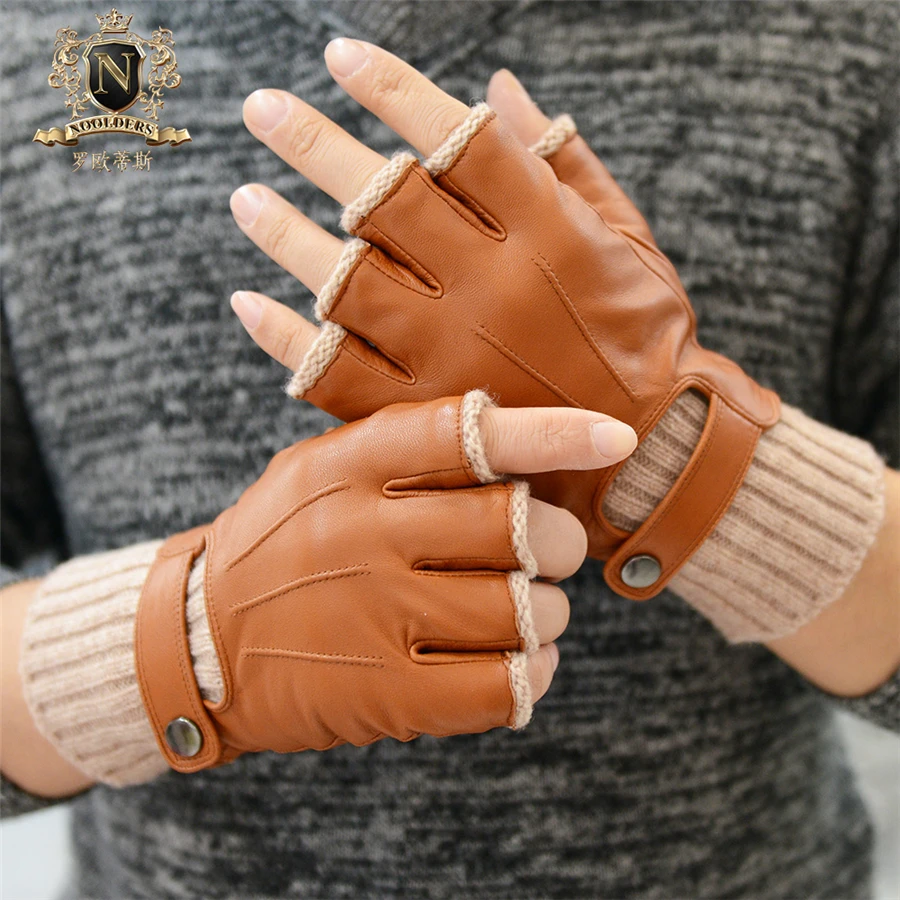 Fashionable Man Half Finger Sheepskin Gloves Autumn Winter
