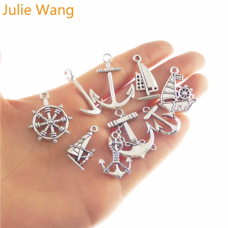 

Julie Wang 9pcs Antique Silver Miexd Small Sailboat Anchor Charm Alloy Necklace Pendants DIY Jewelry Making Metal Accessory