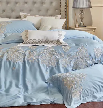 

Light Blue Luxury 60S Tencel silvery Gorgeous Embroidery Bedding Set Duvet Cover Bed sheet Bed Linen Pillowcases Queen King size