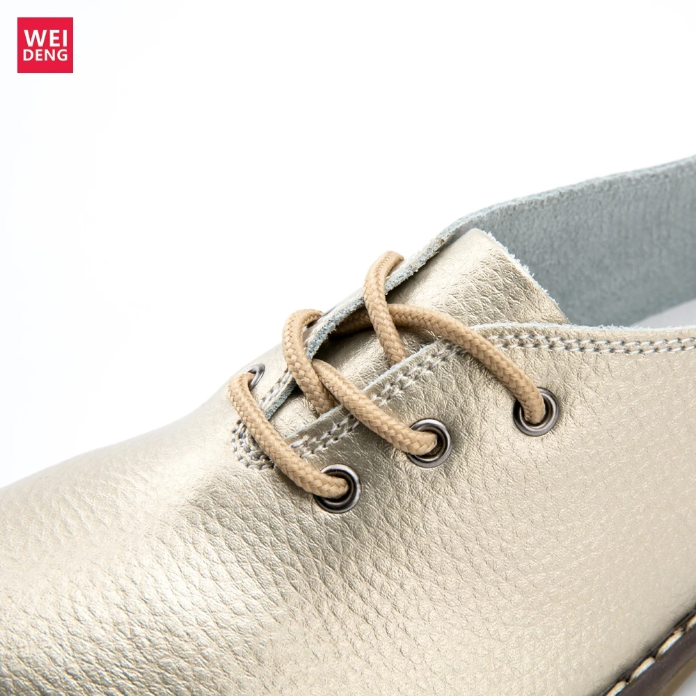 WeiDeng/Женская обувь из натуральной кожи на плоской подошве; повседневная обувь на шнуровке; мокасины для отдыха; sapatos femininos; модная обувь; Sapatilhas; цвет золотистый, серебристый