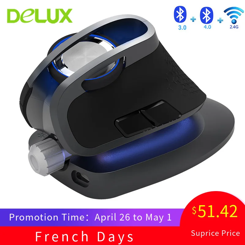 Delux M618X 2,4 ГГц Беспроводная + Bluetooth 3,0/4,0 многомодовая мышь эргономичная Вертикальная мышь перезаряжаемый компьютер лазер 6D Mause