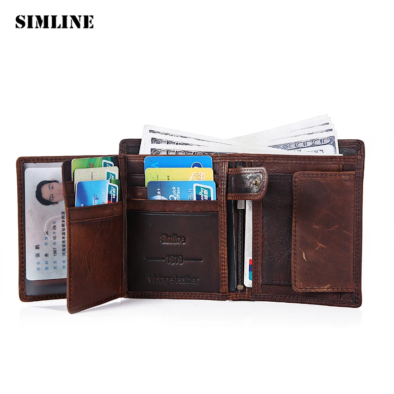 Brand Vintage Genuine Crazy Horse Leather Cowhide Men Short Wallet Wallets Purse Card Holder Zipper Coin