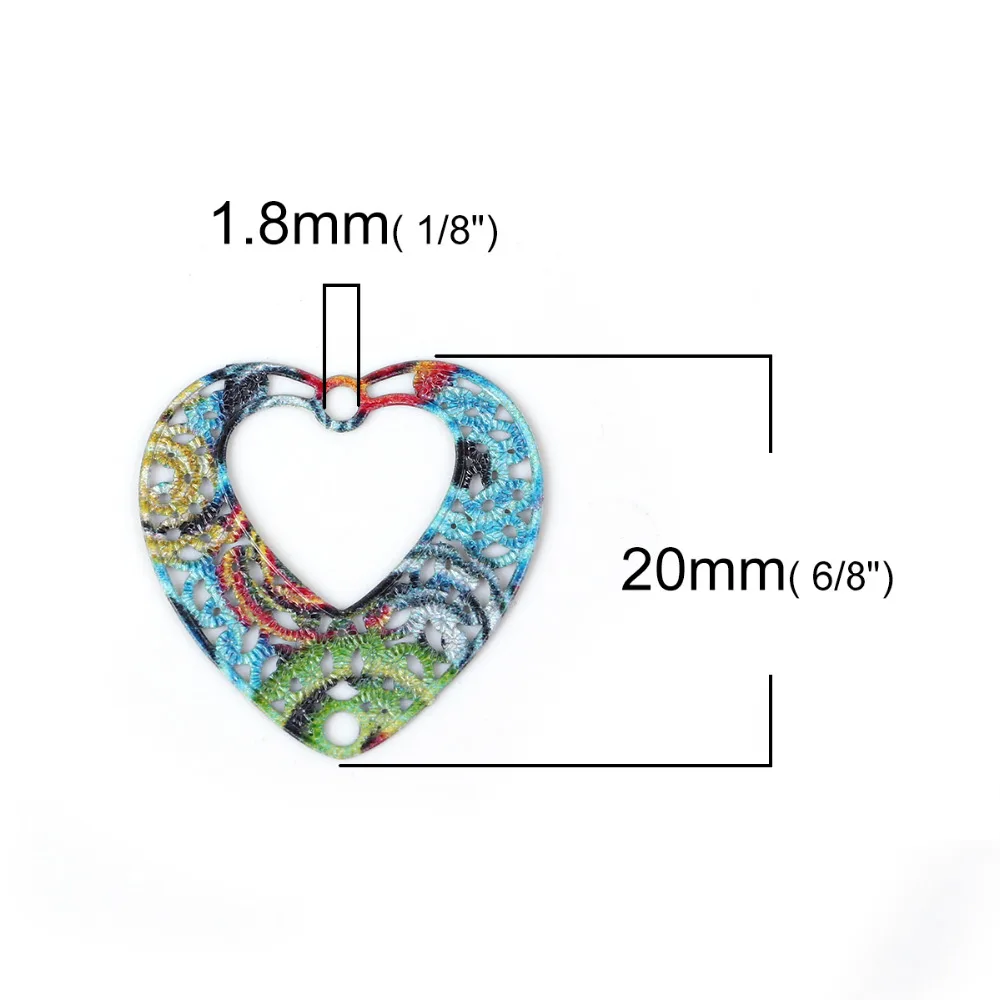 DoreenBeads Железный сплав полая картина Кулон из сердца с цветами амулеты многоцветный филигранный Богемия 20 мм(6/") х 20 мм(6/8") 10 шт