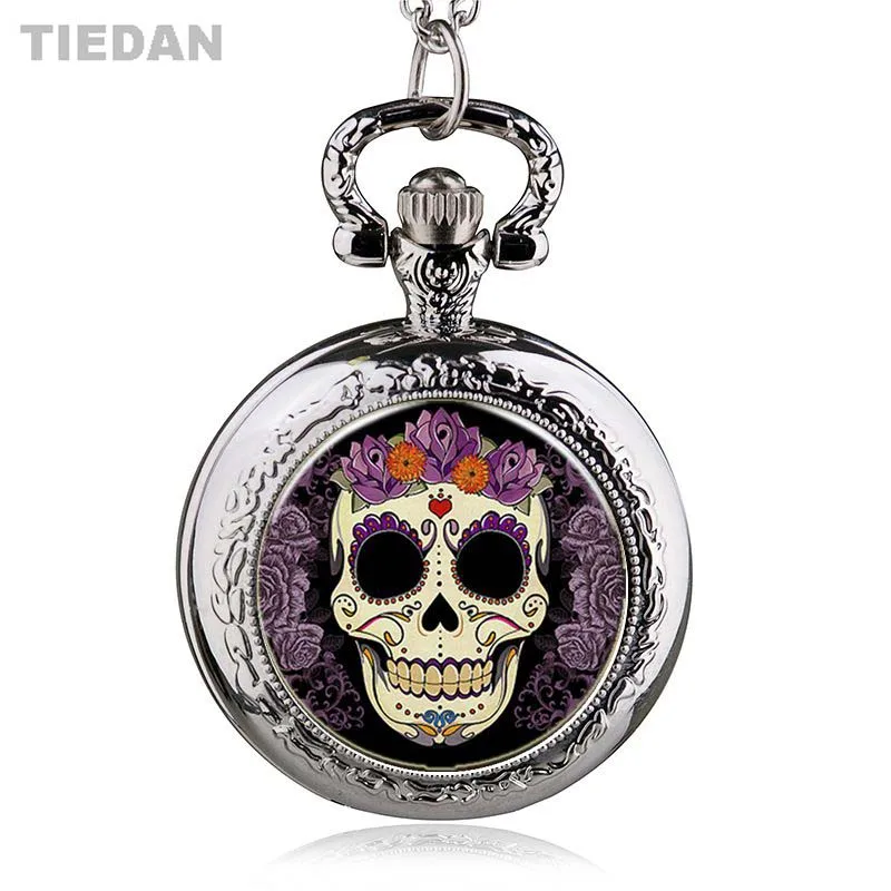 TIEDAN White Face Skull Purple Flower Silver Antique Quartz Pocket Watch with Necklace Retro Enemal Fob for Unisex Gifts | Наручные часы