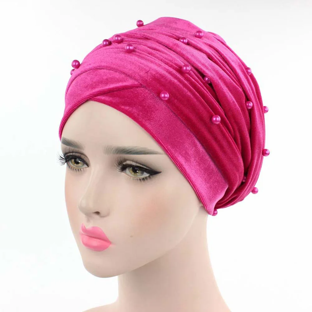 Женские Роскошные Жемчужные бархатные длинные банданы, выпадение волос, головной убор, шапка, мусульманский тюрбан, индийский длинный шарф-снуд на голову, хиджаб - Цвет: rose red
