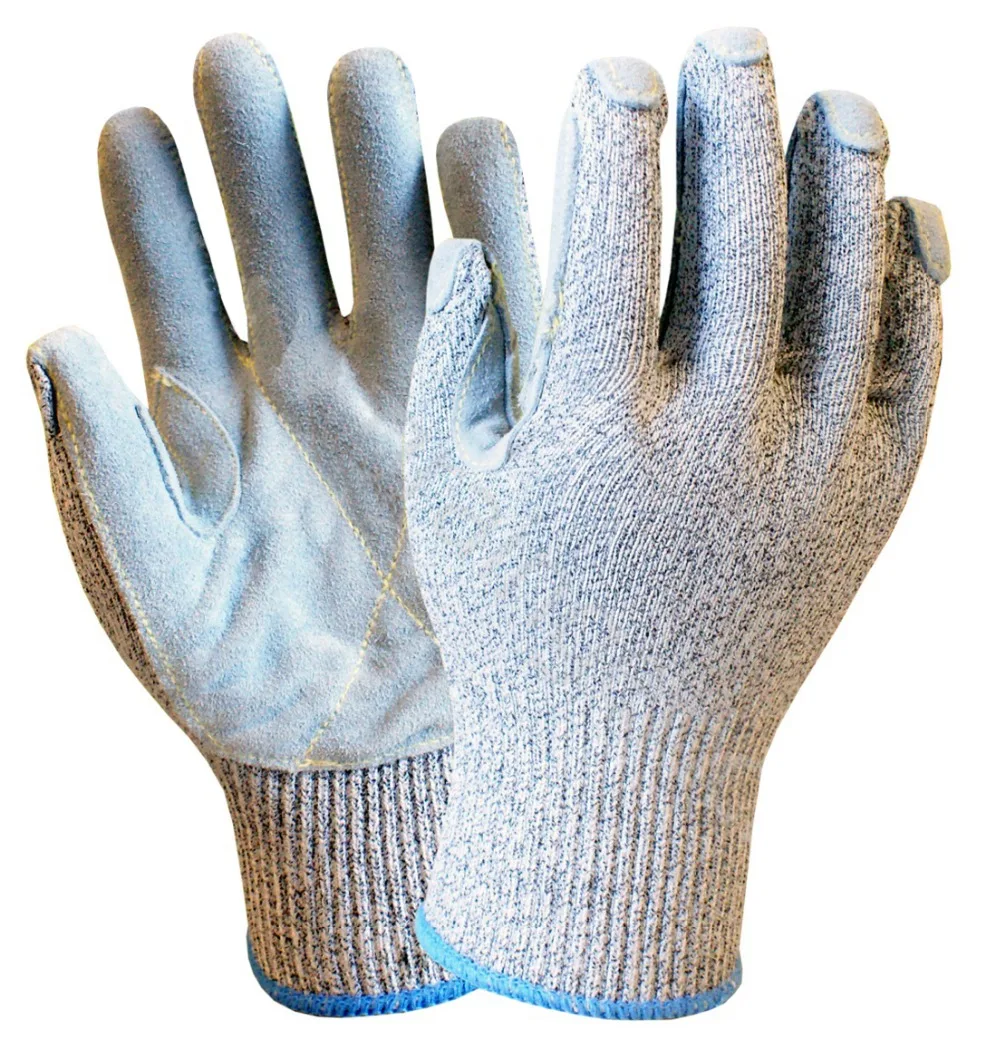 HPPE анти-резные рабочие перчатки 13 калибр HPPE защитные перчатки Корова Сплит кожа порезанные рабочие перчатки