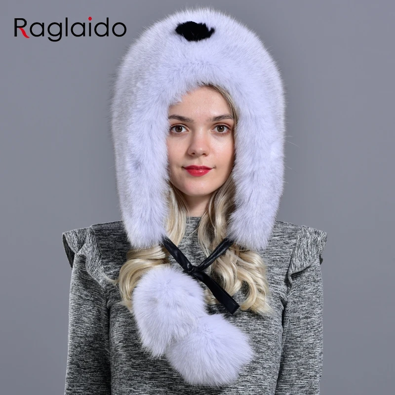 womens winter hats and caps natural fur fox hat with tails 2 balls fluffy fur elegant fashionable stylish warm hat with earflaps