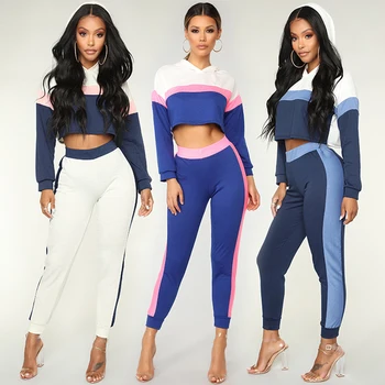 

Tsuretobe Fashion Striped 2 Piece Set Women Bodycon Casual Hooded Tops And Tight Pants Female Elegant Two Piece Set Slim Female